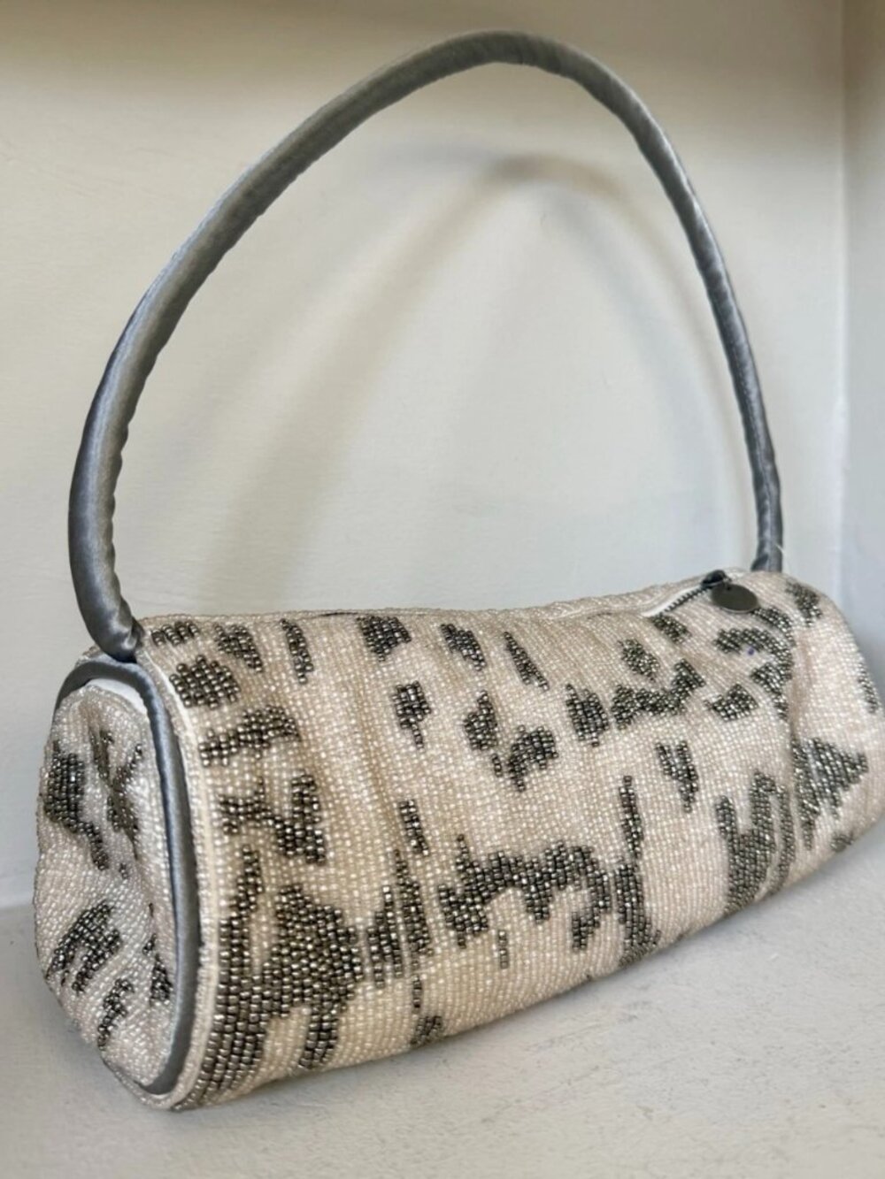 NWT Free People Bailey Beaded Barrel Bag Cream Grey Mini Shoulder Bag